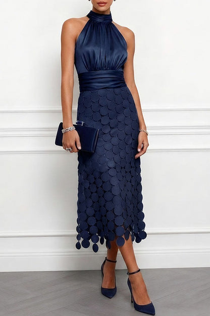 Circle Appliqué Halter Midi Dress