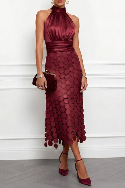 Circle Appliqué Halter Midi Dress