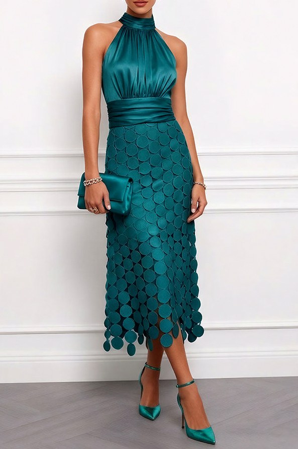 Circle Appliqué Halter Midi Dress