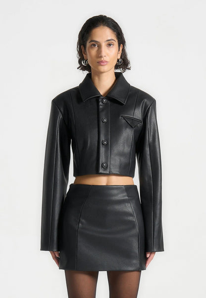 Collared Faux Leather Cropped Jacket