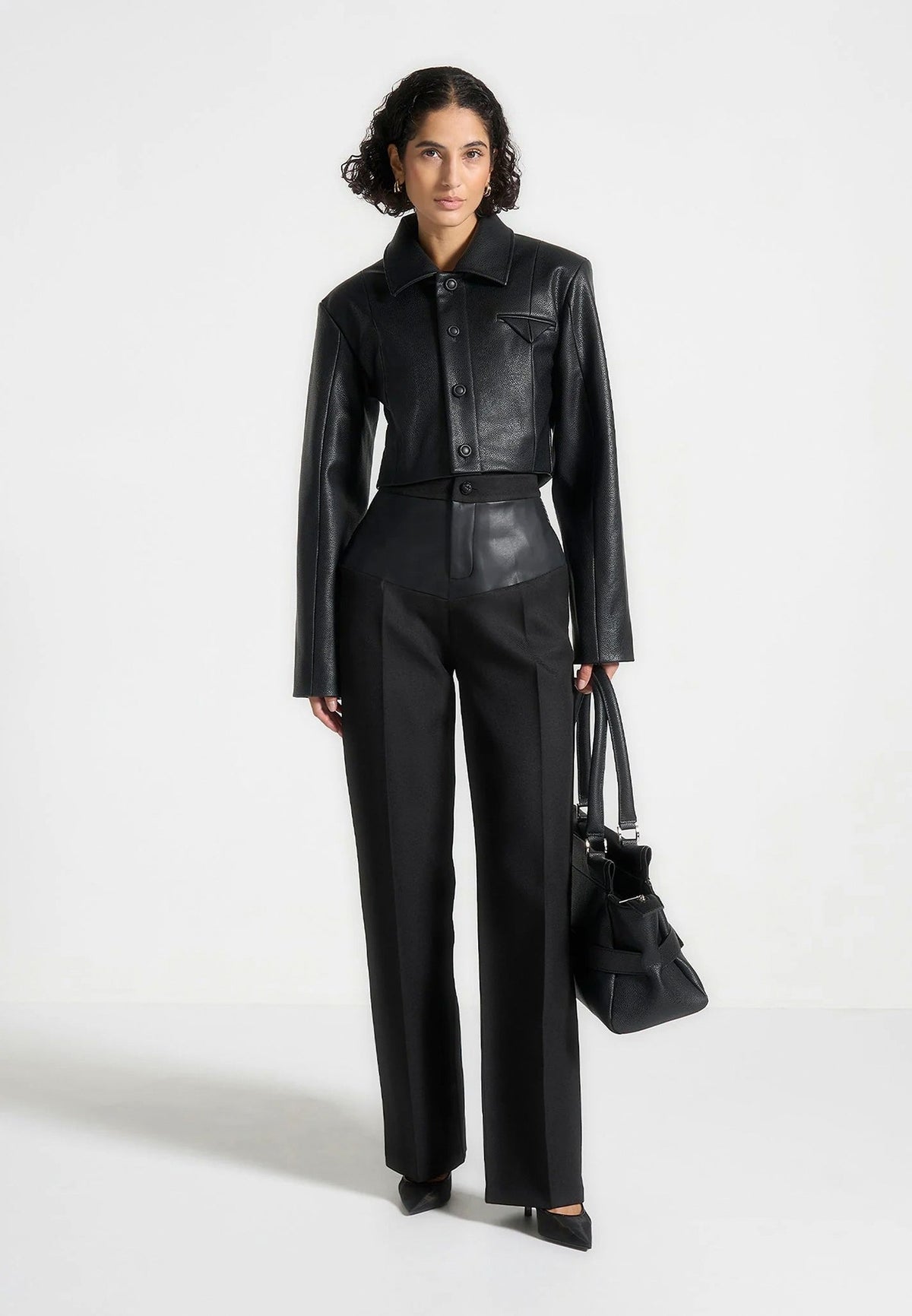 Collared Faux Leather Cropped Jacket