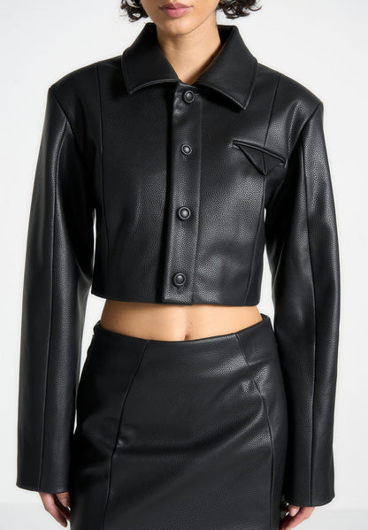 Collared Faux Leather Cropped Jacket