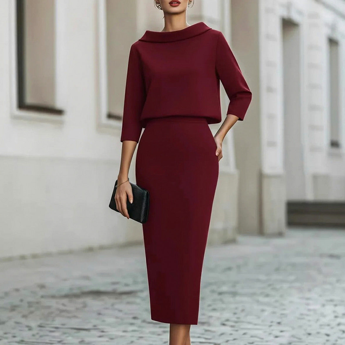 Crepe Boat Neck 3/4 Sleeve Midi Set