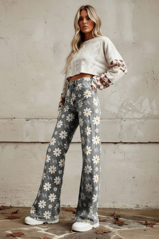 Daisy Print Wide Leg Denim Jeans