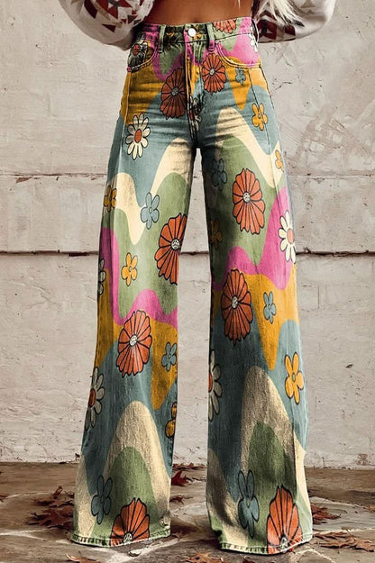 Daisy Print Wide Leg Denim Jeans