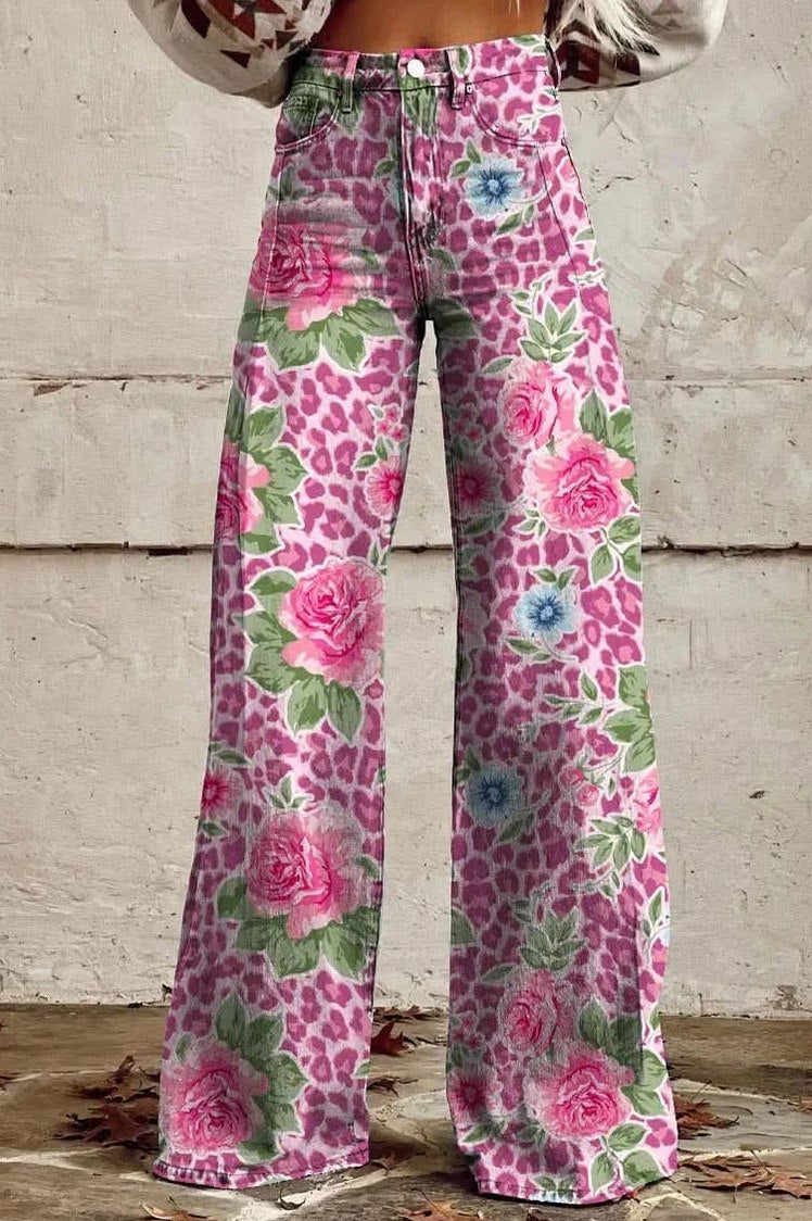 Daisy Print Wide Leg Denim Jeans