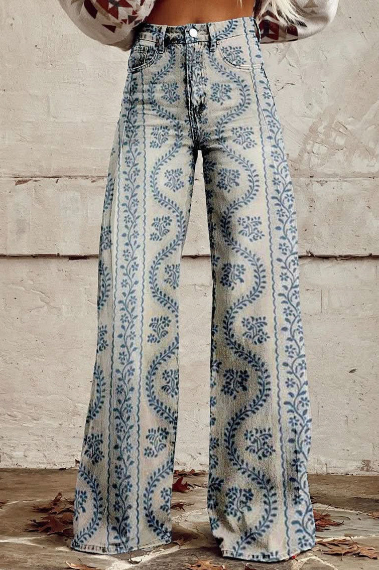 Daisy Print Wide Leg Denim Jeans