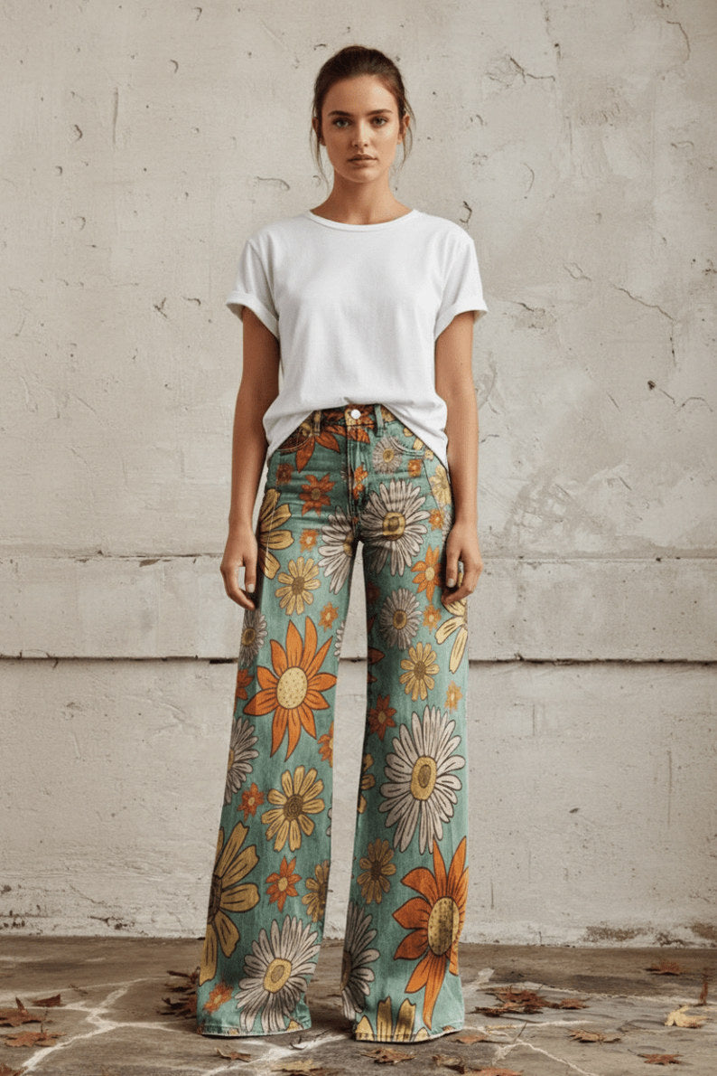 Daisy Print Wide Leg Denim Jeans