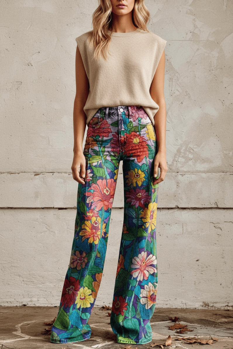 Daisy Print Wide Leg Denim Jeans