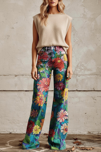 Daisy Print Wide Leg Denim Jeans