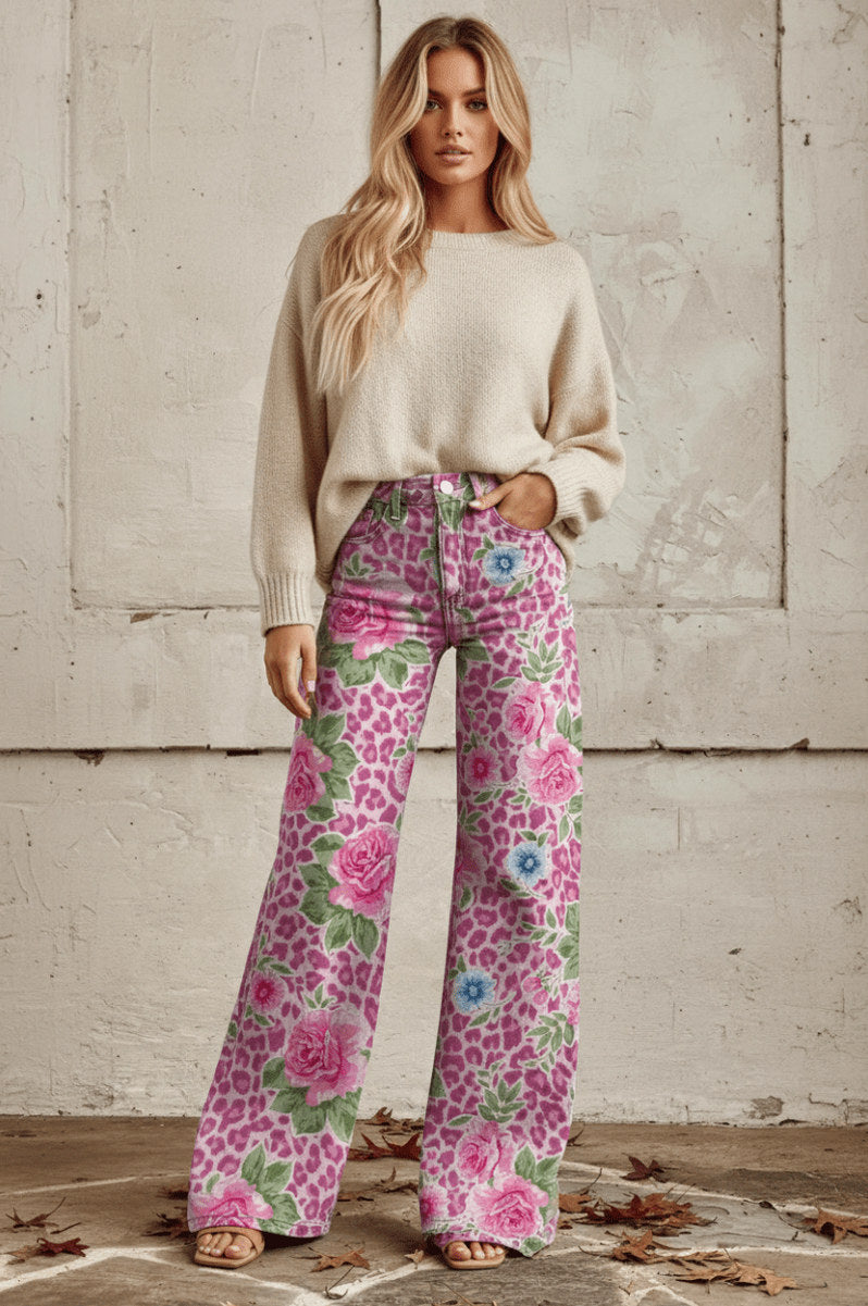 Daisy Print Wide Leg Denim Jeans