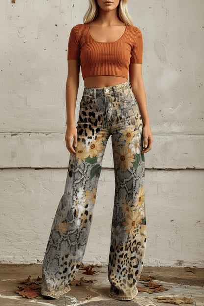 Daisy Print Wide Leg Denim Jeans