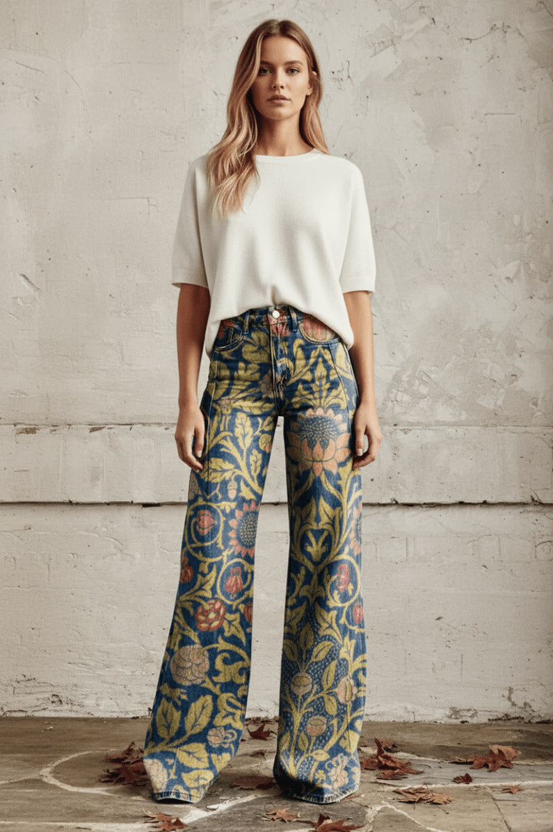 Daisy Print Wide Leg Denim Jeans