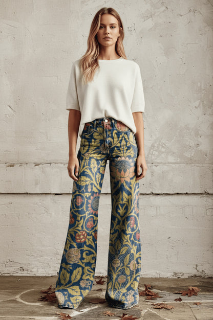 Daisy Print Wide Leg Denim Jeans