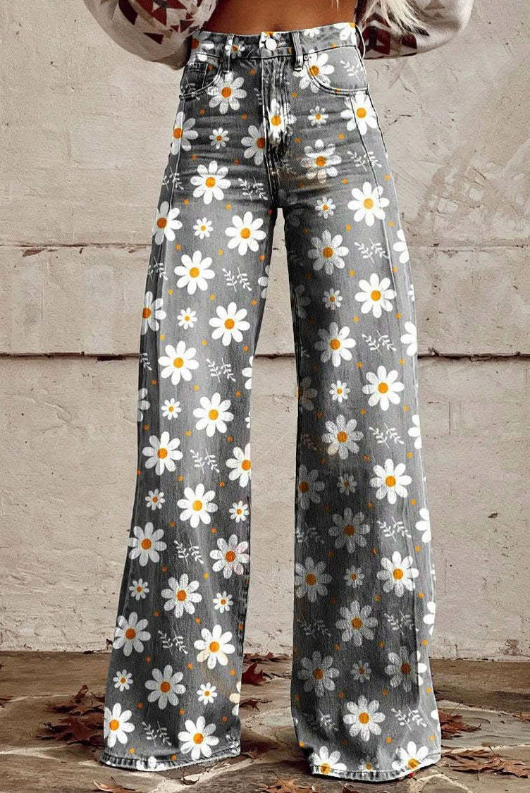 Daisy Print Wide Leg Denim Jeans