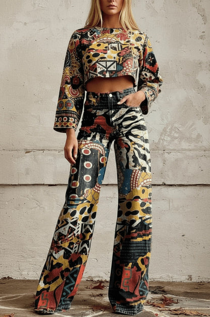 Daisy Print Wide Leg Denim Jeans