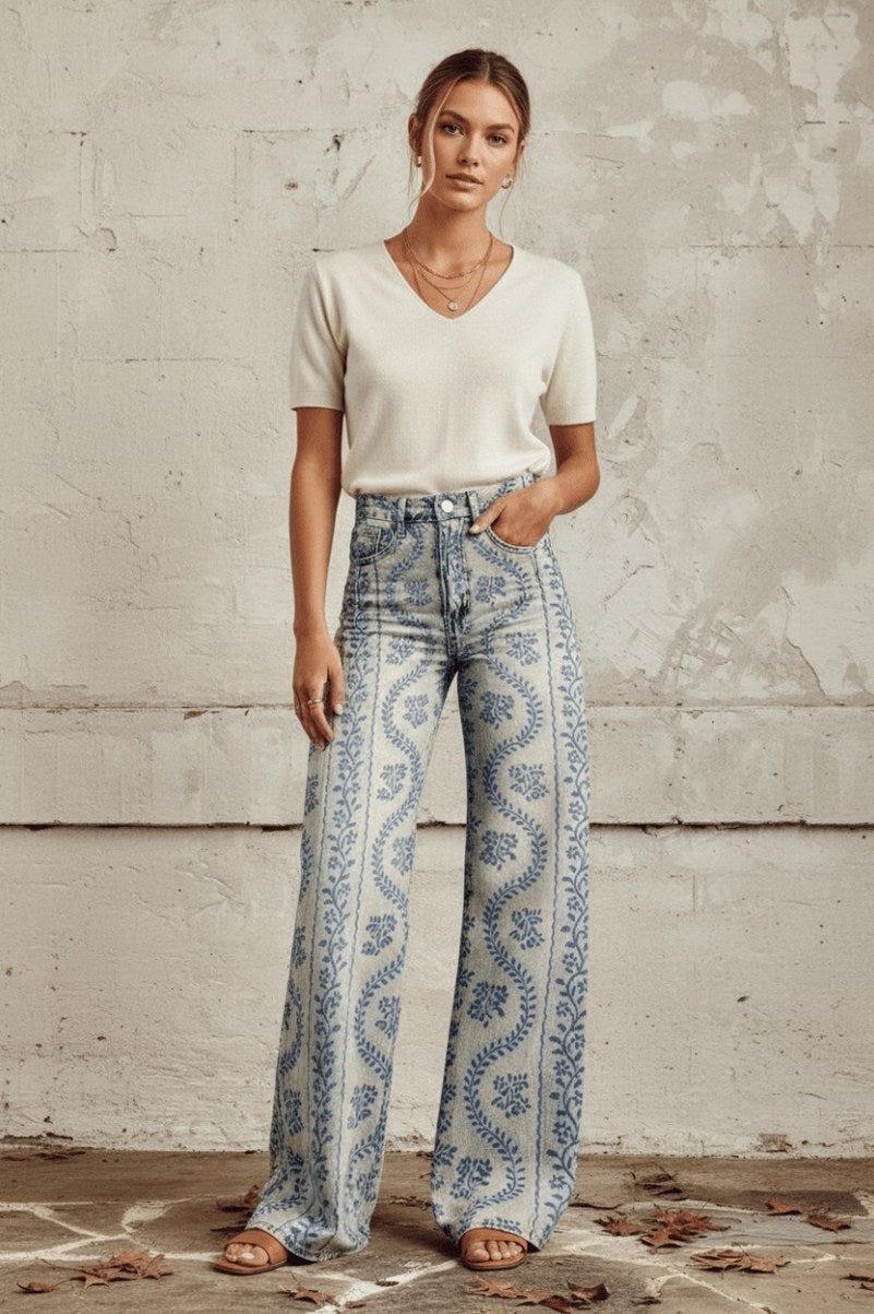 Daisy Print Wide Leg Denim Jeans