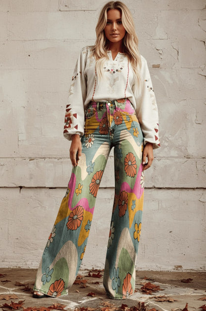 Daisy Print Wide Leg Denim Jeans