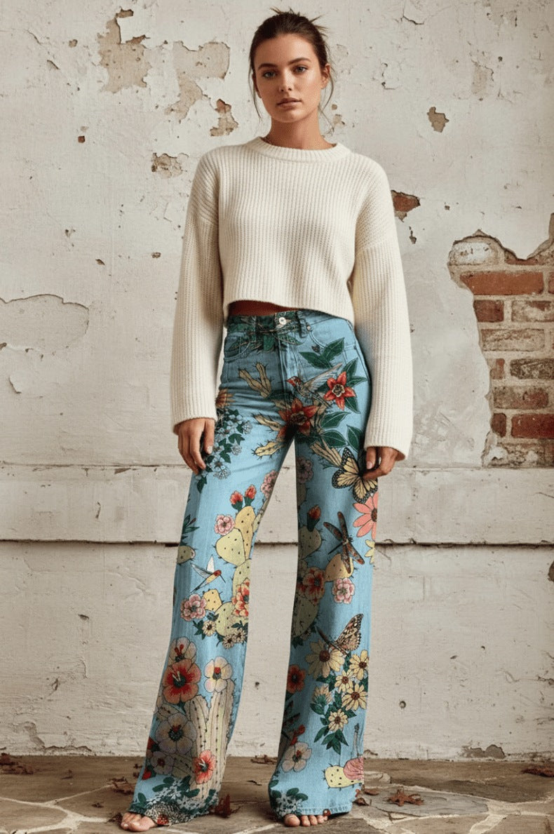 Daisy Print Wide Leg Denim Jeans