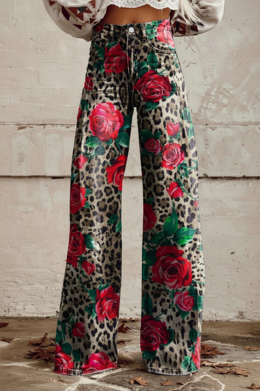 Daisy Print Wide Leg Denim Jeans