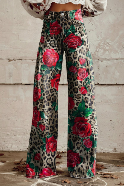 Daisy Print Wide Leg Denim Jeans