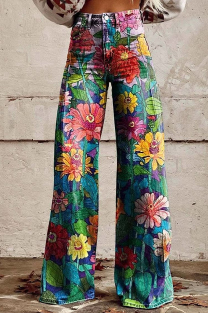 Daisy Print Wide Leg Denim Jeans