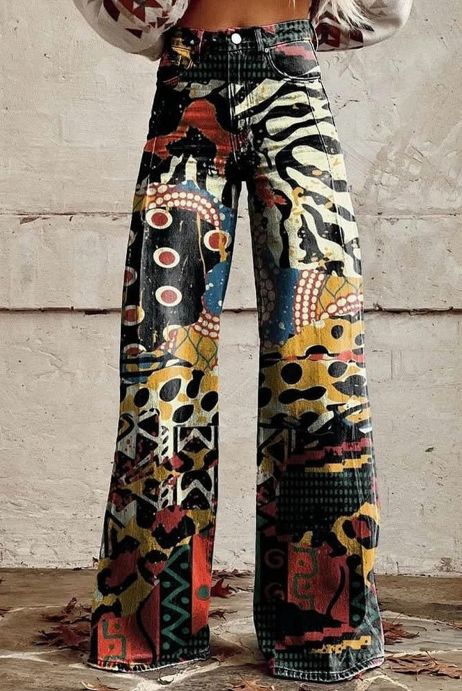 Daisy Print Wide Leg Denim Jeans
