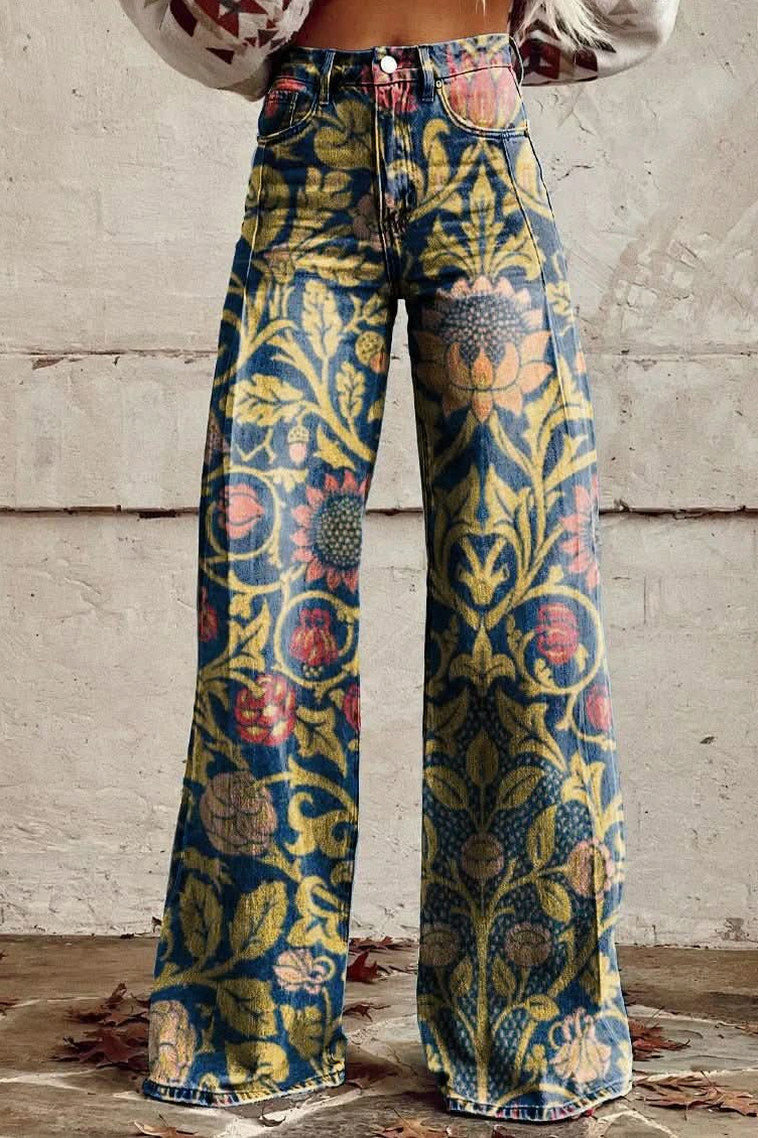 Daisy Print Wide Leg Denim Jeans