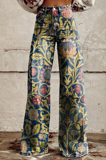 Daisy Print Wide Leg Denim Jeans