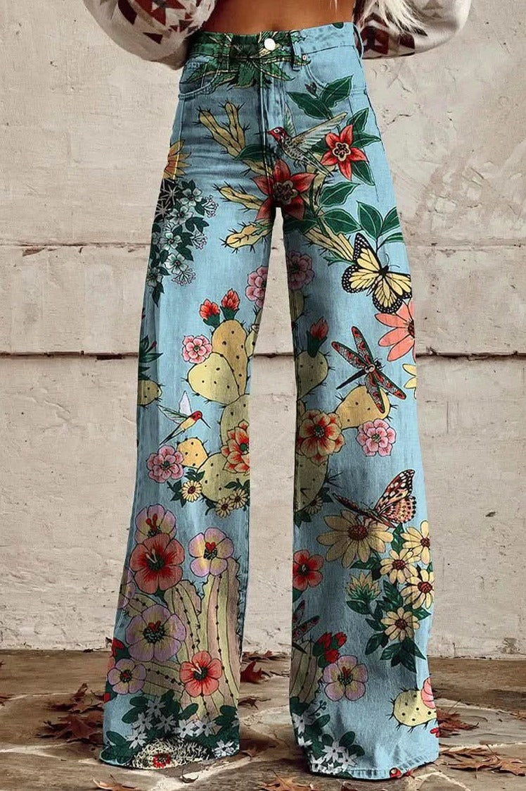 Daisy Print Wide Leg Denim Jeans