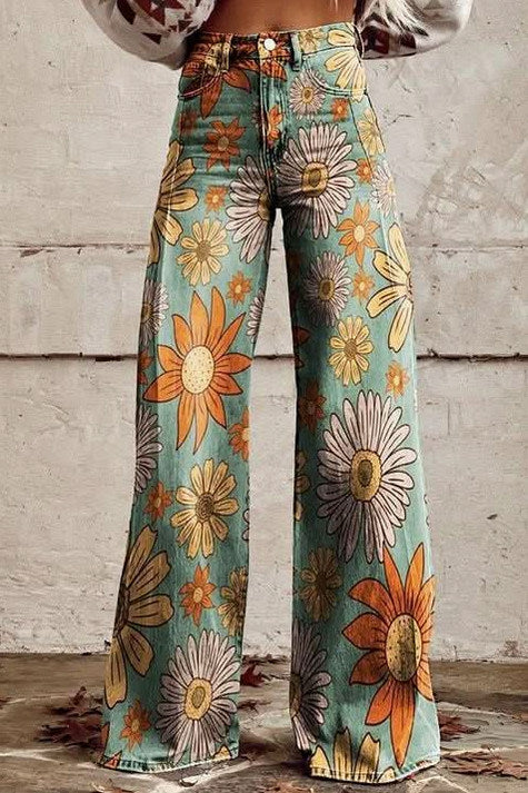 Daisy Print Wide Leg Denim Jeans