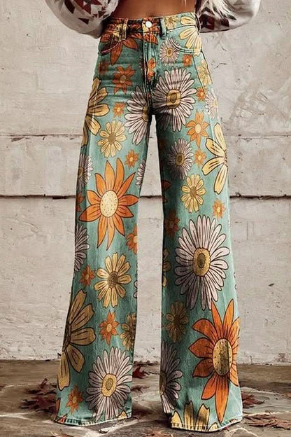 Daisy Print Wide Leg Denim Jeans
