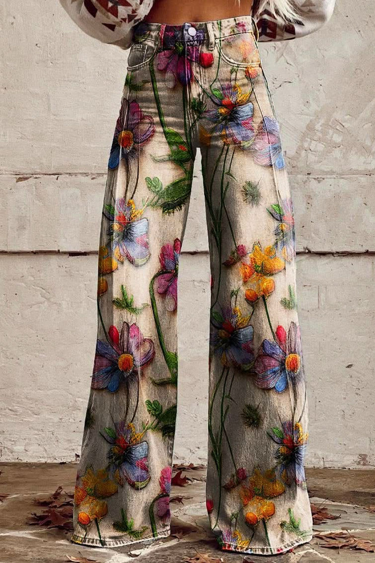 Daisy Print Wide Leg Denim Jeans
