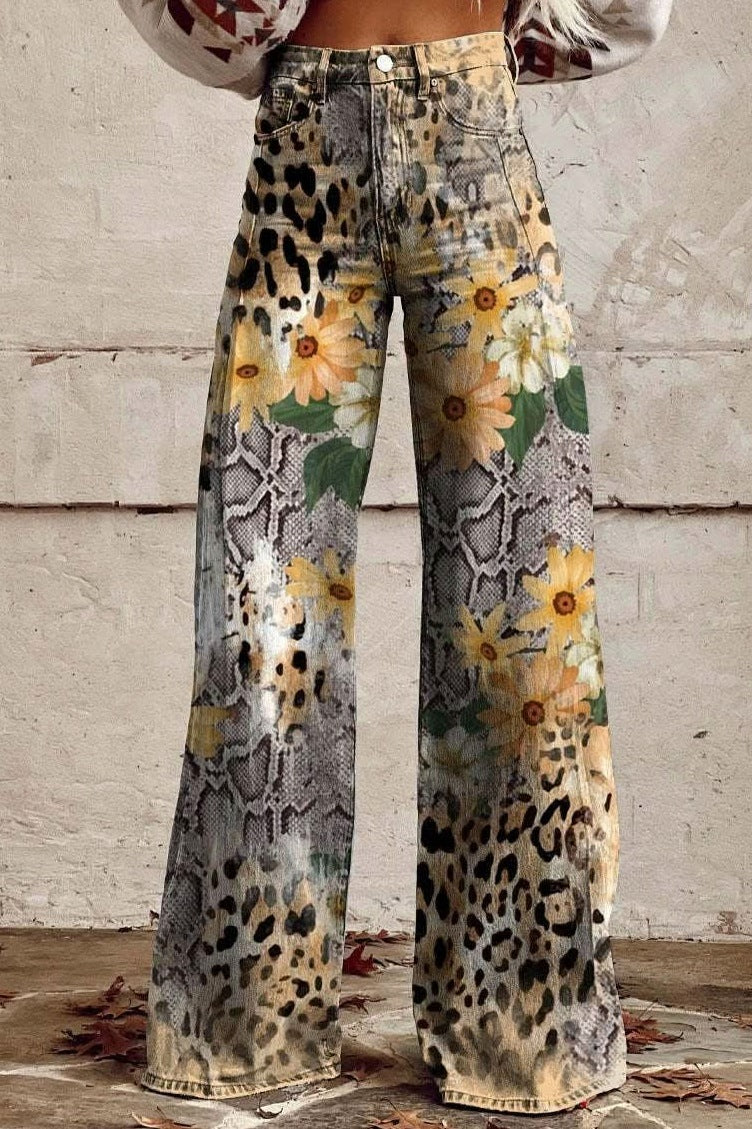 Daisy Print Wide Leg Denim Jeans