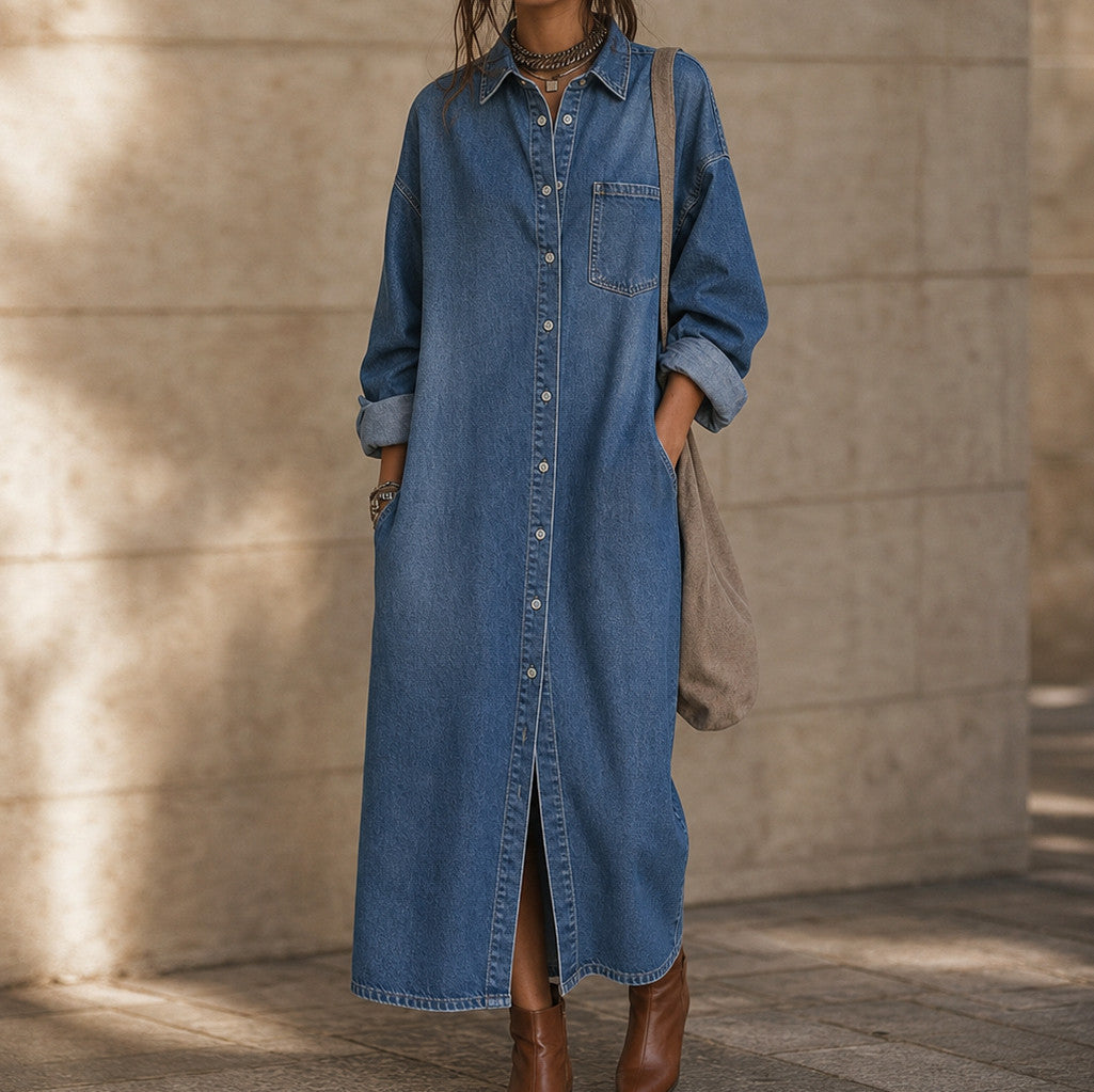 Denim Long Sleeve Collared Maxi Shirt Dress