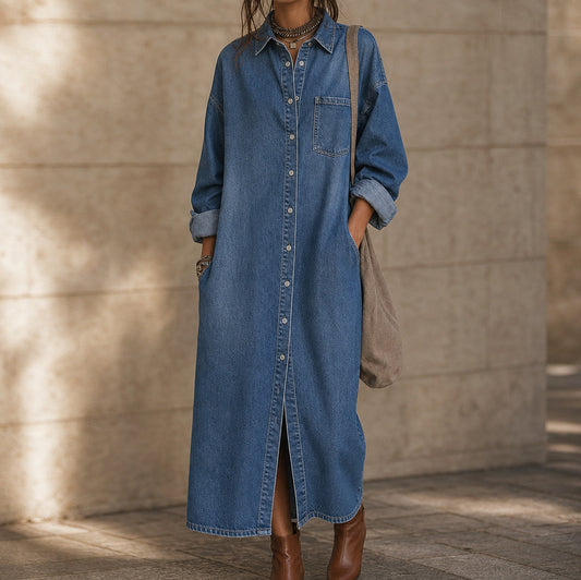 Denim Long Sleeve Collared Maxi Shirt Dress