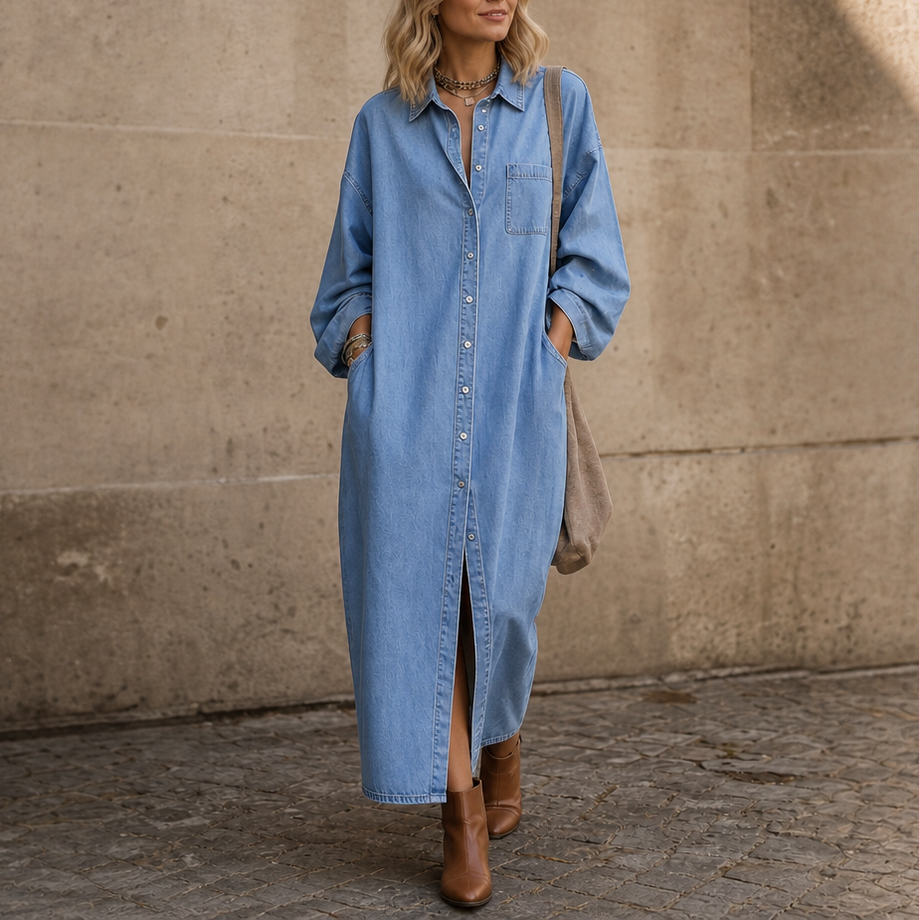 Denim Long Sleeve Collared Maxi Shirt Dress