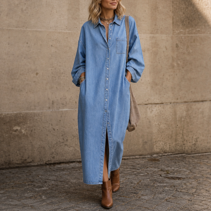 Denim Long Sleeve Collared Maxi Shirt Dress