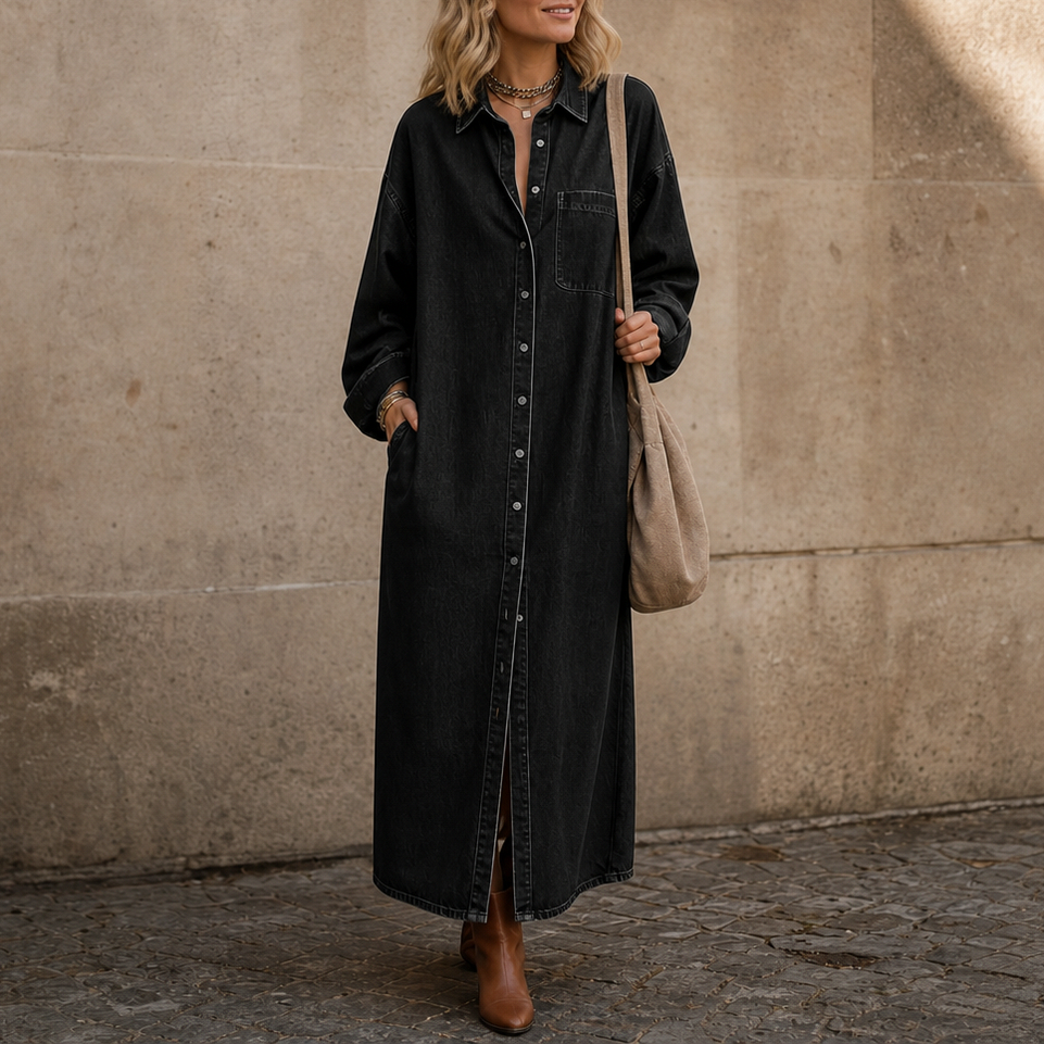 Denim Long Sleeve Collared Maxi Shirt Dress