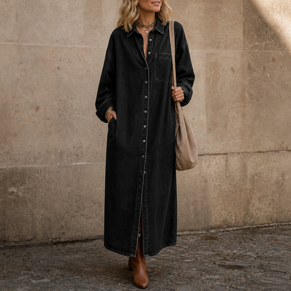 Denim Long Sleeve Collared Maxi Shirt Dress