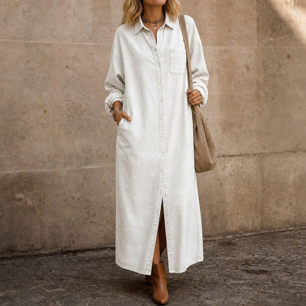 Denim Long Sleeve Collared Maxi Shirt Dress