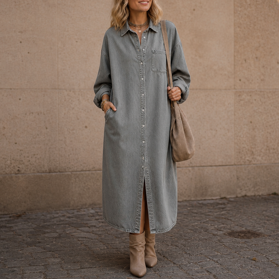 Denim Long Sleeve Collared Maxi Shirt Dress
