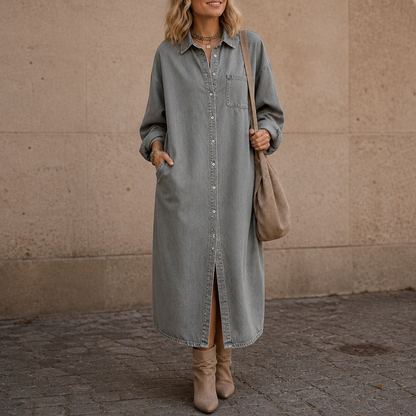 Denim Long Sleeve Collared Maxi Shirt Dress