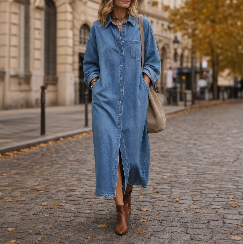 Denim Long Sleeve Collared Maxi Shirt Dress