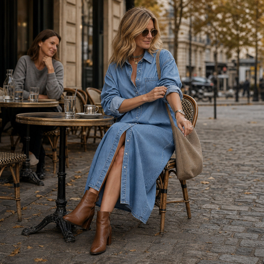 Denim Long Sleeve Collared Maxi Shirt Dress