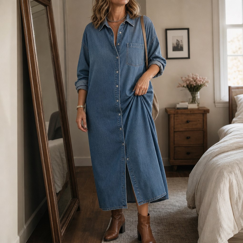 Denim Long Sleeve Collared Maxi Shirt Dress