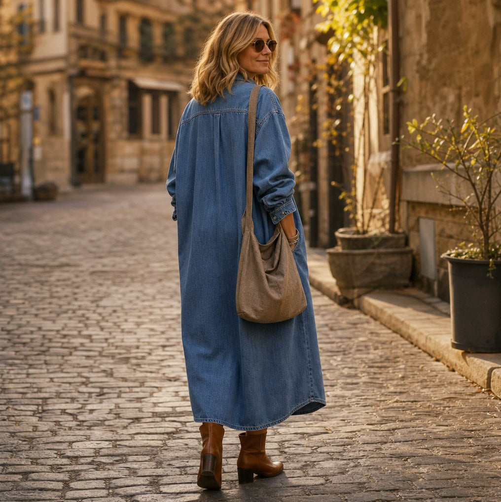 Denim Long Sleeve Collared Maxi Shirt Dress