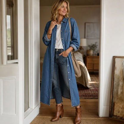 Denim Long Sleeve Collared Maxi Shirt Dress