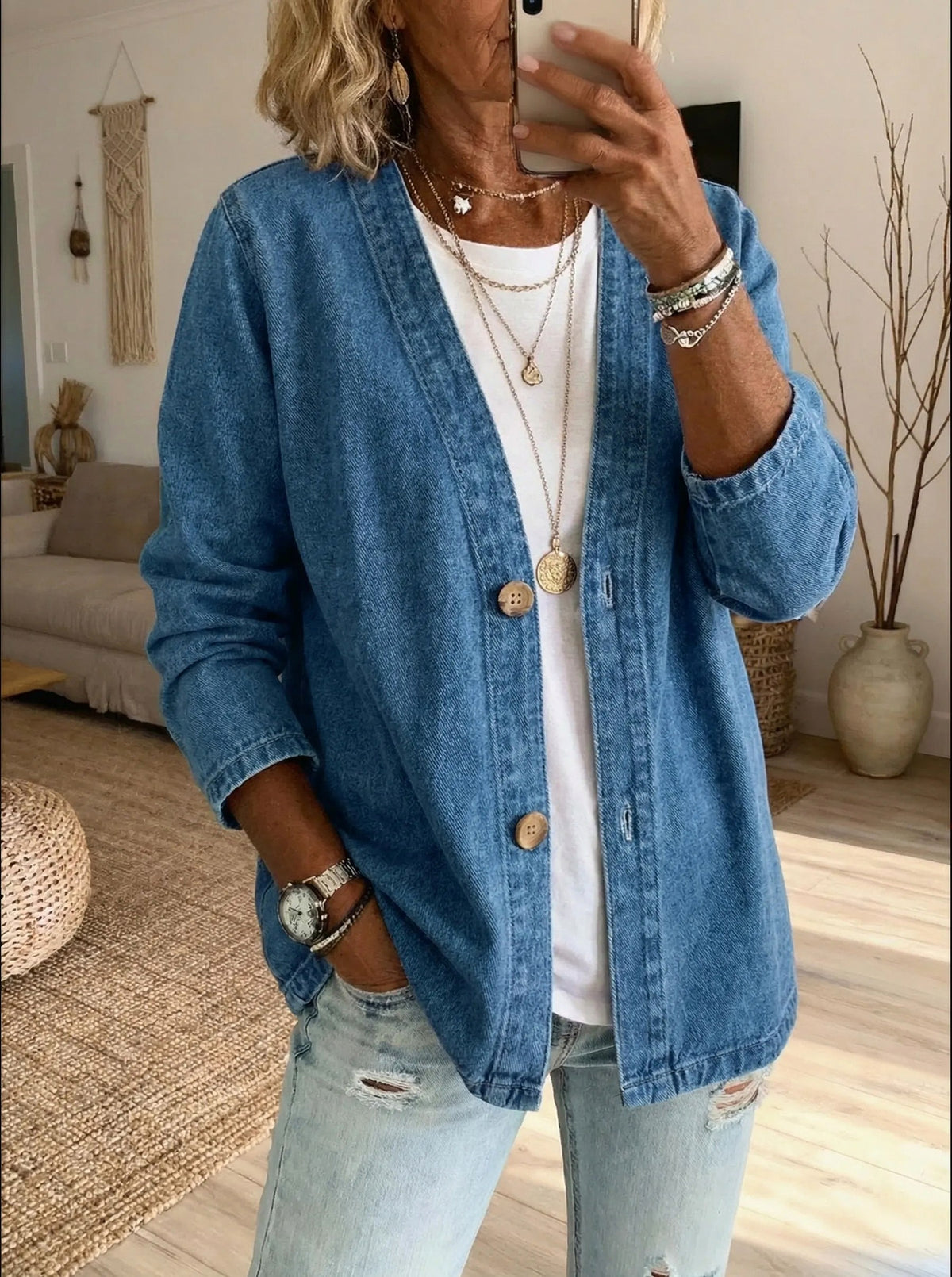 Denim V Neck Cardigan Jacket