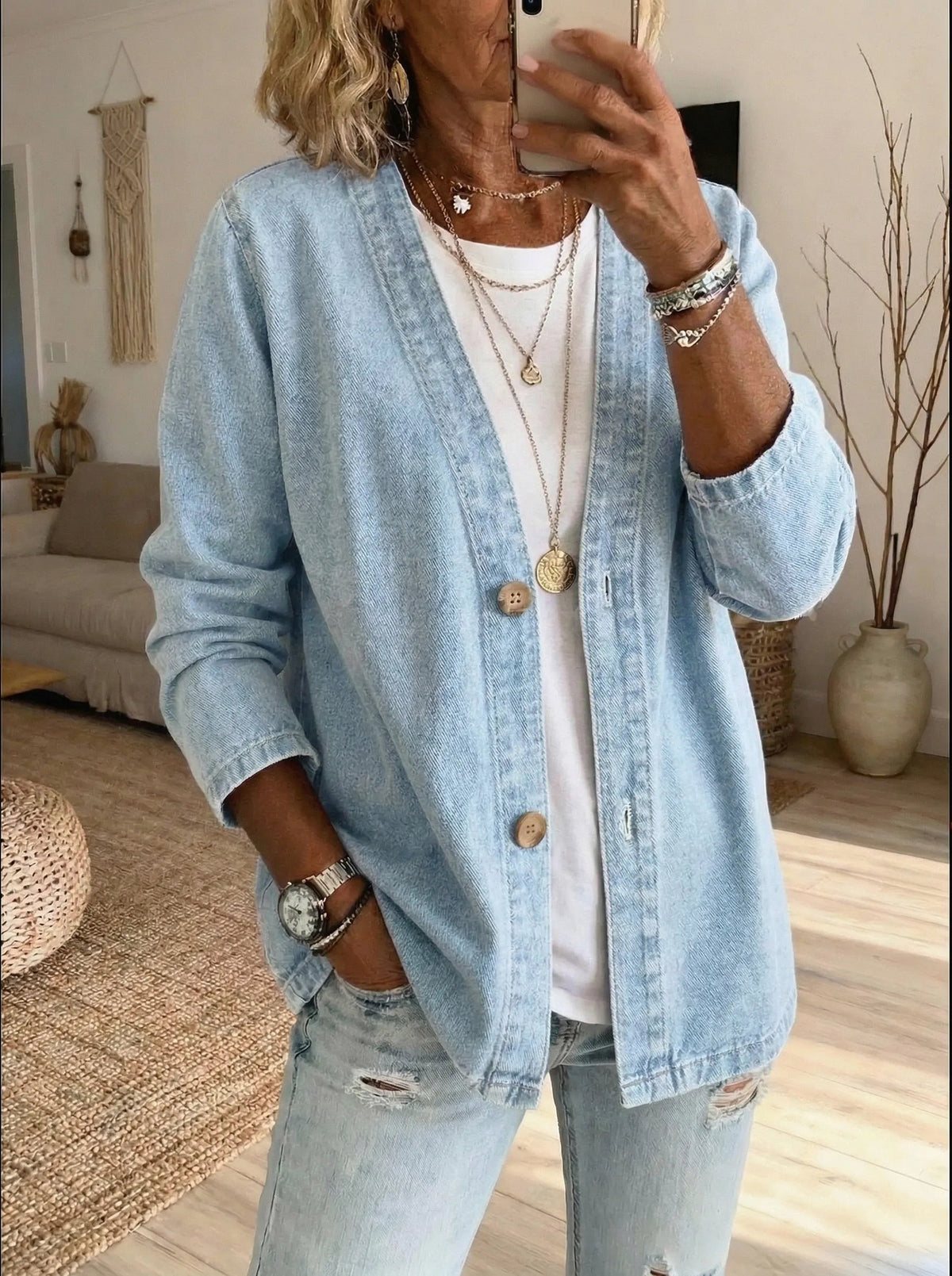 Denim V Neck Cardigan Jacket